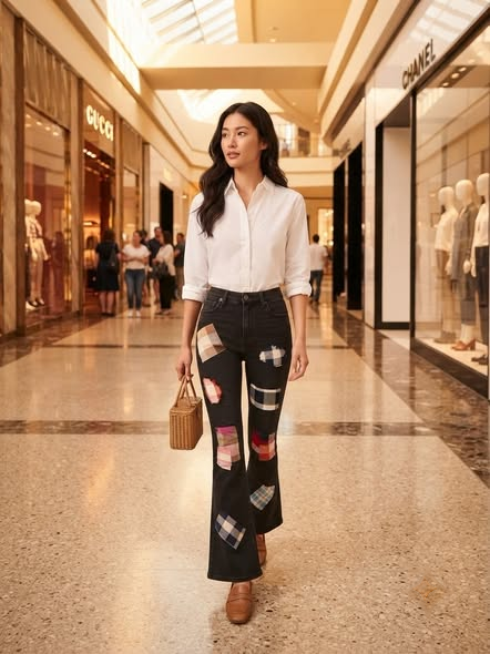 Black denim trousers with colourful handwoven patchwork