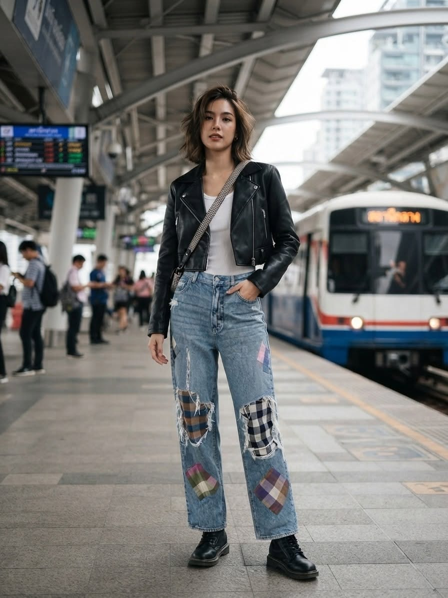 Model wearing wide-leg patchwork denim at a city station