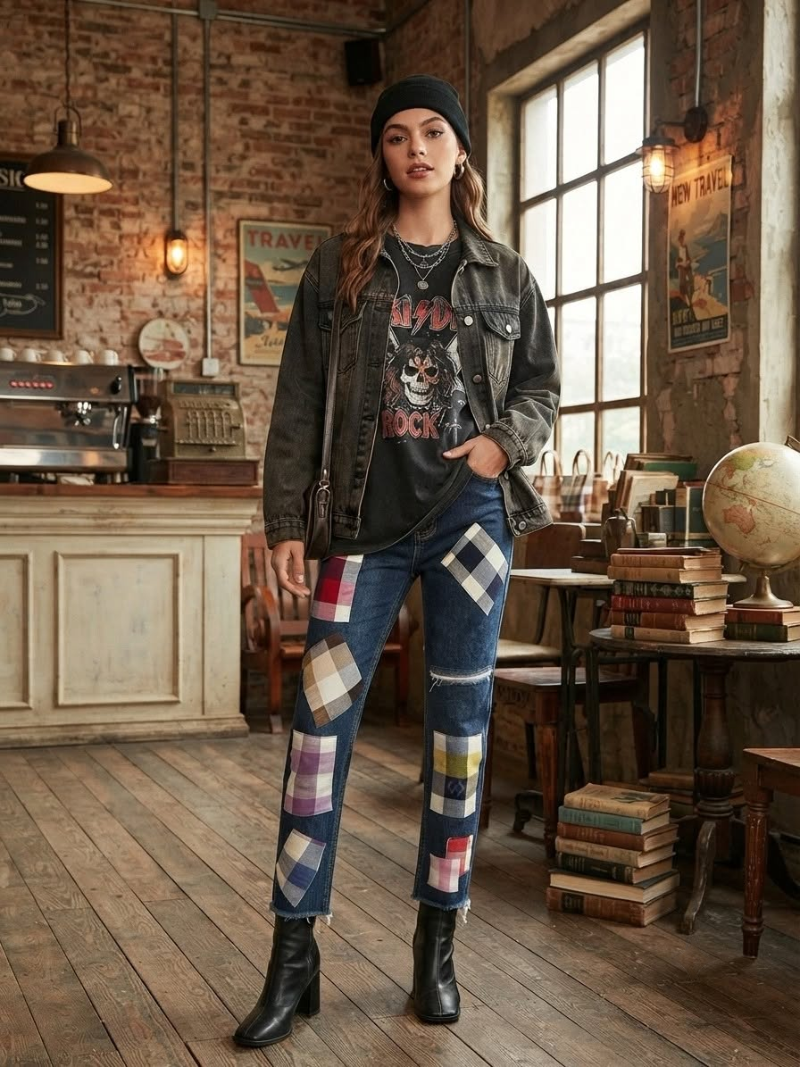 Model wearing dark denim with colourful woven patchwork