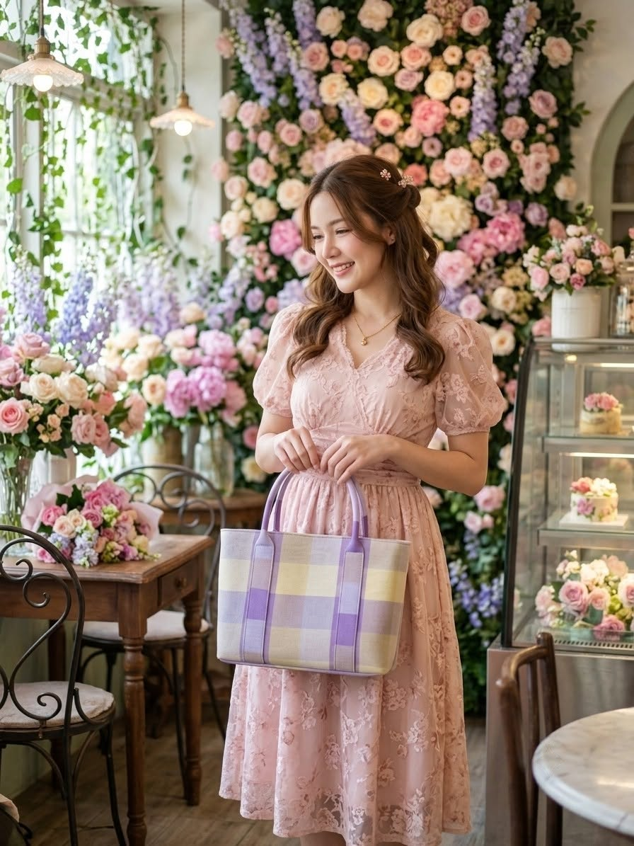 Model carrying a pastel handwoven tote